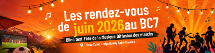 Bannière des animations de juin 2026 au BC7 Base Camp Lodge Bourg-Saint-Maurice : blind test, Fête de la Musique et diffusion des matchs